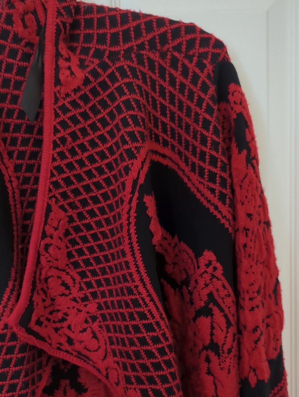 SIONI Red Black Baroque Knit Waterfall Cardigan Sweater L/XL HTF - Picture 8 of 15